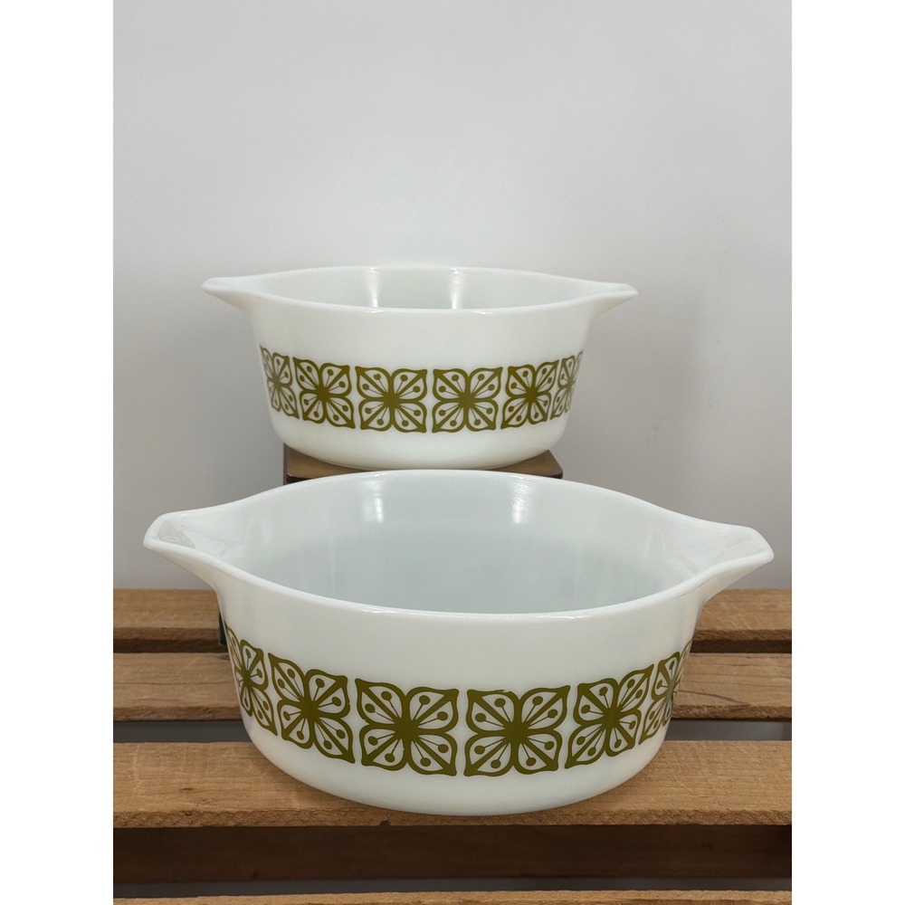 Vintage PYREX Verde Green Autumn Floral Casserole Set 474-B 1.5Qt 475-B 2.5Qt